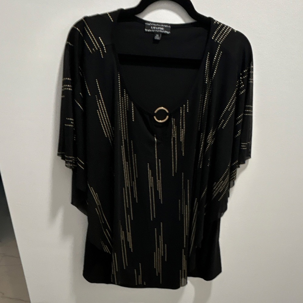 Corvia‎ Black Gold Dot Ring Accent Sheer Kimono Sleeve Blouse 2X Women's